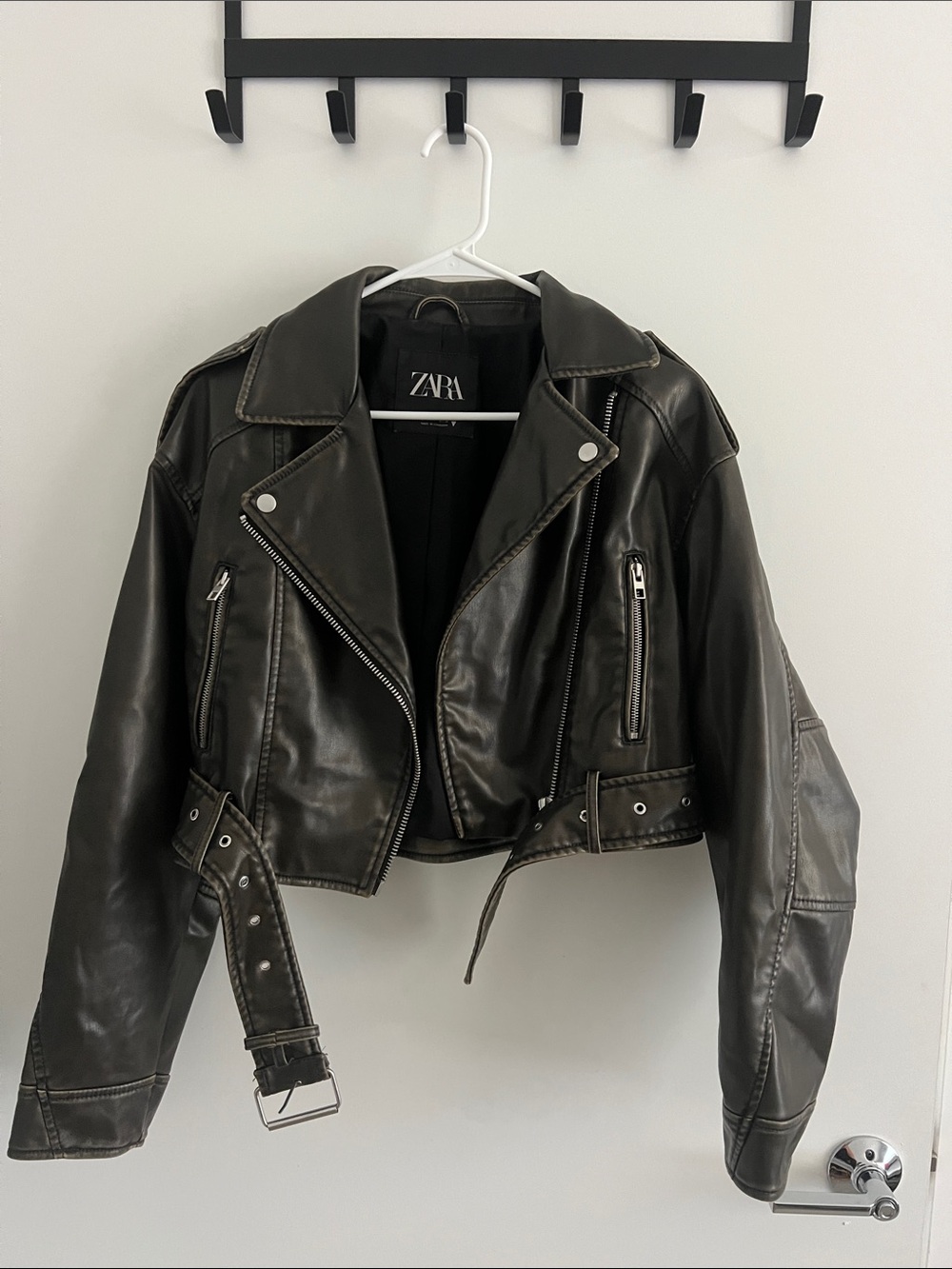 ZARA Dark Green Cropped Leather Biker Jacket